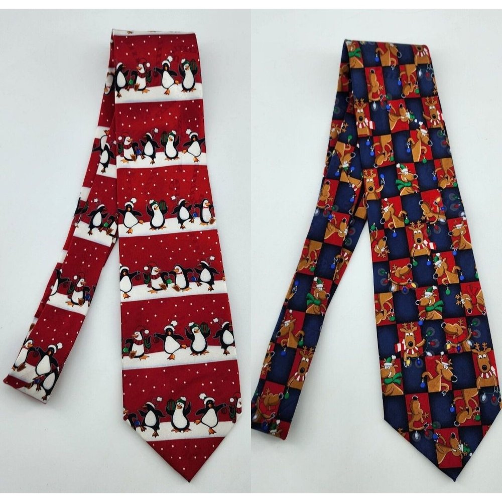 Lot of 2x HALLMARK Yule Tie Greetings Men's Neckties Christmas Holiday 100% SILK
